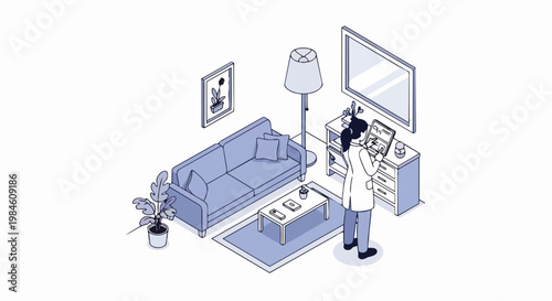 Isometric Telemedicine Illustration: Female Doctor Providing Remote Online Medical Consultation from a Home Living Room Environment