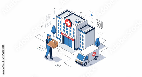Isometric Medical Logistics Concept: Courier Delivering Supplies to Modern Hospital Building with Ambulance
