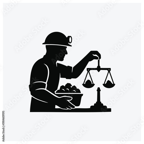 Miner weighing gold ore, silhouette illustration
