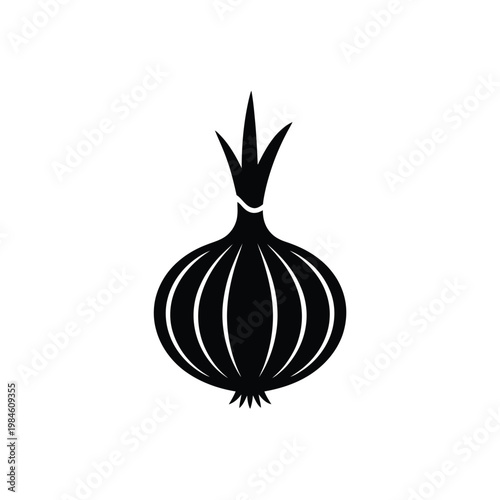 Simple black silhouette of an onion with vertical lines