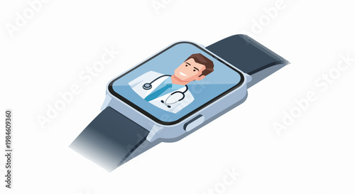 Telemedicine concept with professional male doctor on smartwatch screen for online medical consultation, digital health and wearable technology illustration.