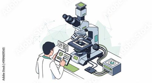 Scientist Conducting Medical Research with Modern Microscope and Digital Tablet Illustration