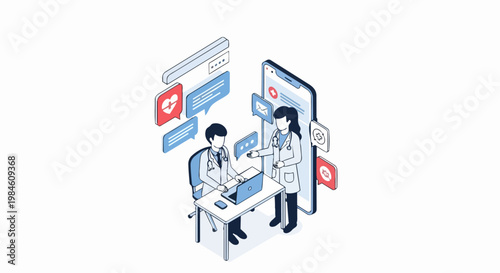 Isometric Telemedicine Illustration of Doctors Consulting via Smartphone App for Online Healthcare and Virtual Medical Services
