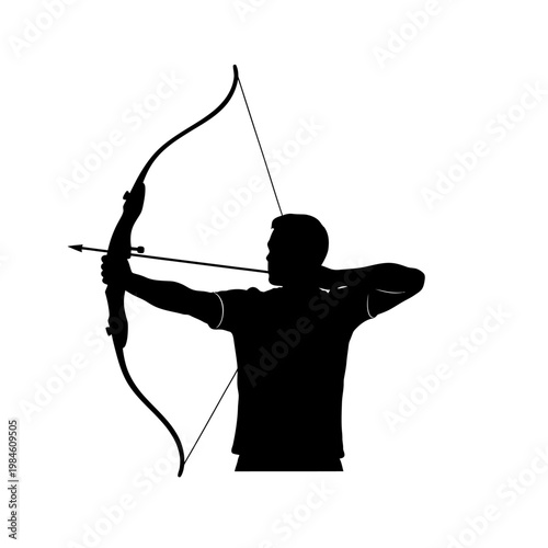 Silhouette of a male archer aiming a bow and arrow.