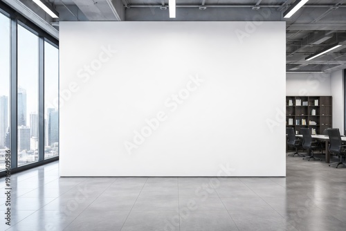 Blank white wall inside office with city view, modern background concept. Ai generative