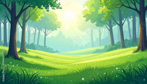 Centered sunrise over rolling glade with gentle foliage shadows. Peaceful forest meadow scene for seasonal poster backgrounds. Soft luminous landscape suited eco travel or spa visuals