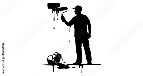 Painter silhouette with roller and spilled paint during home renovation