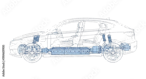 Blue and white line drawing of a car with visible internal components