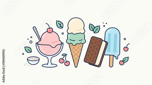 Colorful Ice Cream Cone, Popsicle and Sundae Isolated on White