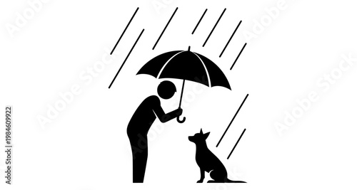 Person sheltering dog with umbrella during rain downpour with atmospheric effect
