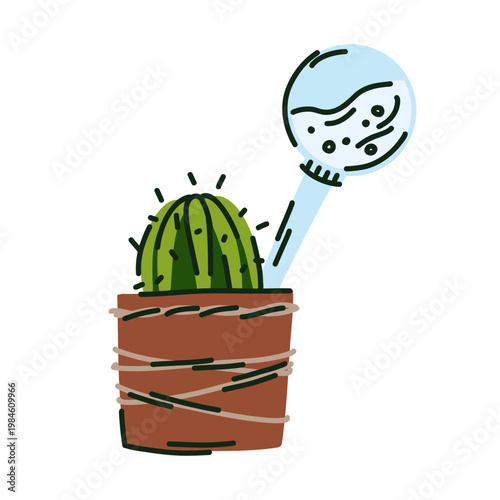 A potted cactus with a drip irrigation bulb stuck in the ground, doodle-style apartment gardening