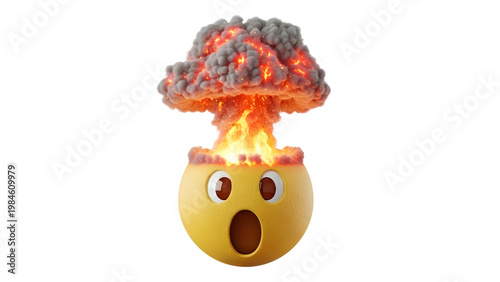 Surprised emoji face with explosive atomic bomb blast on transparent background