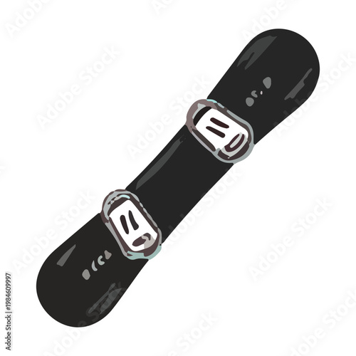 Hand drawn illustration of a black snowboard with bindings