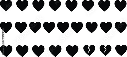 Black Solid Heart Silhouette Icon Set with Broken Heart Shapes in Various Sizes for Love and Valentine Vector Collection