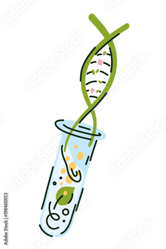 The concept of extracting DNA from a plant leaf in a test tube with a solution, a DNA chain composed of leaves and flowers rises from the test tube