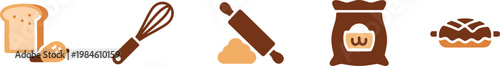 Baking icons set whisk rolling pin chocolate and pastry elements for culinary arts