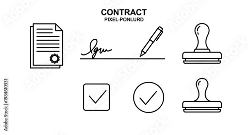 Contract document with signature pen and stamps icons.
