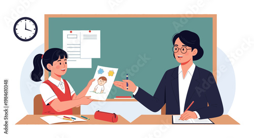Student presents artwork to teacher in classroom during afternoon session while clock shows time