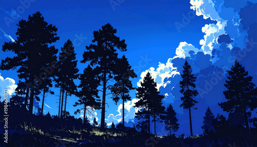 Dark pine silhouettes beneath towering clouds and cobalt evening sky. Bold alpine skyline graphic with dramatic blue atmosphere. Moody forest horizon for adventure poster or editorial cover