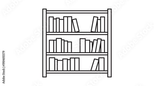 Minimalist black line vector icon of a three-shelf bookshelf filled with books, hand-drawn outline illustration on a white background, ideal for library, education, reading, and study concepts.