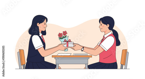 Friends share gifts in school during a special occasion while sitting at a table in the classroom