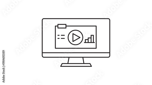 Minimalist black line vector icon illustration of a computer monitor screen featuring a video play button, bar chart, and text lines, representing e-learning, online education, and webinars.