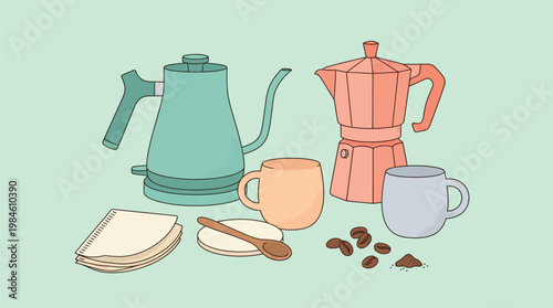 Colorful Coffee Maker, Cups and Toast on Mint Green Background