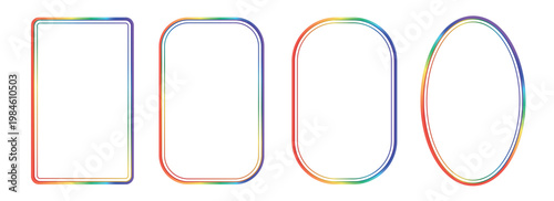 Retro whimsical rainbow gradient frame set borders. LGBTQ community symbol with rainbow. Vibrant multi colored frames for greeting cards, menu, gift tags, and modern stationery.