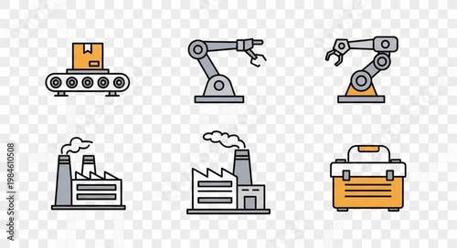 Industrial automation icons factory robot arm conveyor belt toolbox.