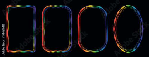 Retro whimsical rainbow gradient frame set borders. LGBTQ community symbol with rainbow. Vibrant multi colored frames for greeting cards, menu, gift tags, and modern stationery.