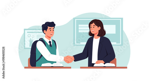 Students shake hands in classroom during a meeting about a new project just before the school year starts