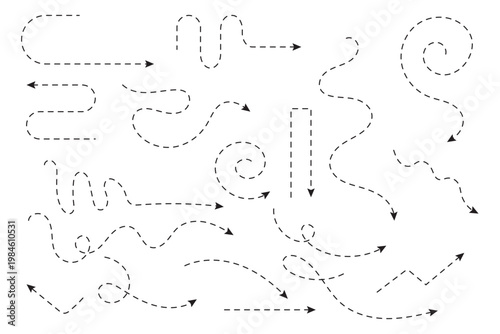  Black and white ashed line arrow set, curvy, twirl, and straight as a guide line for treasure map, map, borderline, diecut, guideline, cut line, industrial product, plane and more.	
