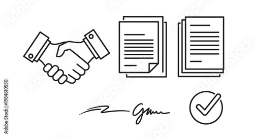 Handshake Agreement Document Signature and Checkmark Icons.