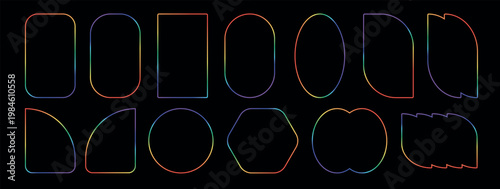 Retro whimsical rainbow gradient frame set borders. LGBTQ community symbol with rainbow. Vibrant multi colored frames for greeting cards, menu, gift tags, and modern stationery.