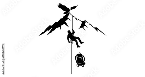 Silhouette climber rappelling down mountain peak with eagle overhead during ascent