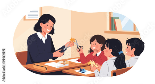 Students learn craft skills at a classroom table with a teacher guiding them in an art project during the afternoon