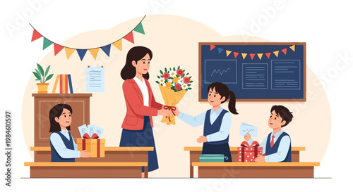 Students celebrating a special occasion by giving flowers and gifts to their teacher in a classroom setting during school hours