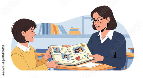 Two people share a scrapbook in a classroom while discussing their memories and experiences during a school day