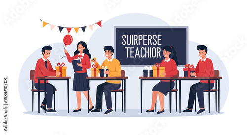 Celebration at a classroom with students and teacher holding gifts during a special event
