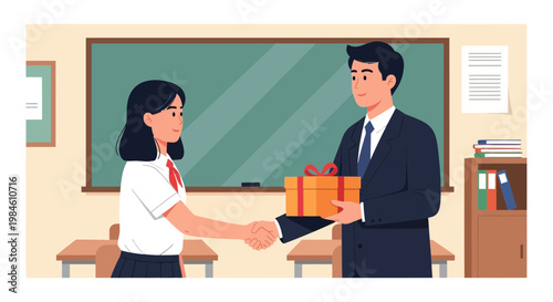 Student receives a gift from a teacher in a classroom setting during a school day