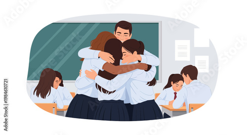 Students share a group hug in a classroom during a bonding moment near the end of school day