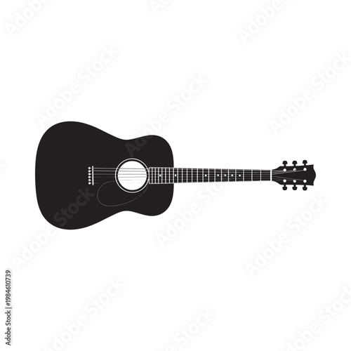 A stark black silhouette of an acoustic guitar on a plain white background