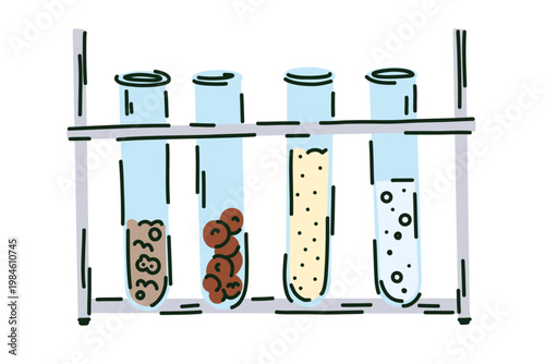 Set of test tubes with soil, gravel and sand samples on a test tube rack, soil and plant laboratory research
