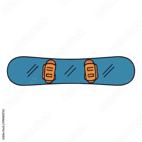 Hand Drawn Blue Snowboard with Orange Bindings Illustration