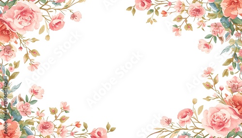 Elegant soft watercolor floral frame with pastel pink roses and green leaves surrounding clean space perfect for spring wedding romantic and feminine design themes