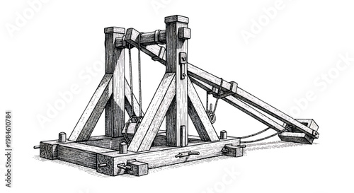 Black and white illustration of a medieval catapult with medieval weapon