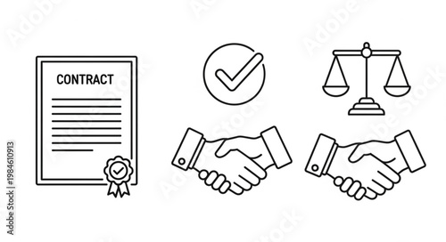Legal Contract Agreement and Justice Scales Icons.