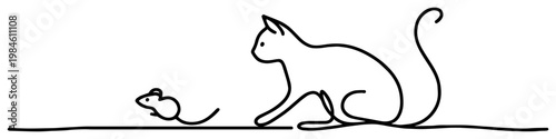 Minimalist cat and mouse continuous line art drawing, simple animal silhouette for modern pet shop or home decor