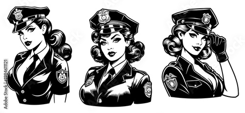 Set of vintage pin up style policewoman characters, beautiful female police officer in uniform retro comic illustration