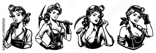 Set of vintage pin up female miner characters, retro female worker with pickaxe and helmet vector illustration